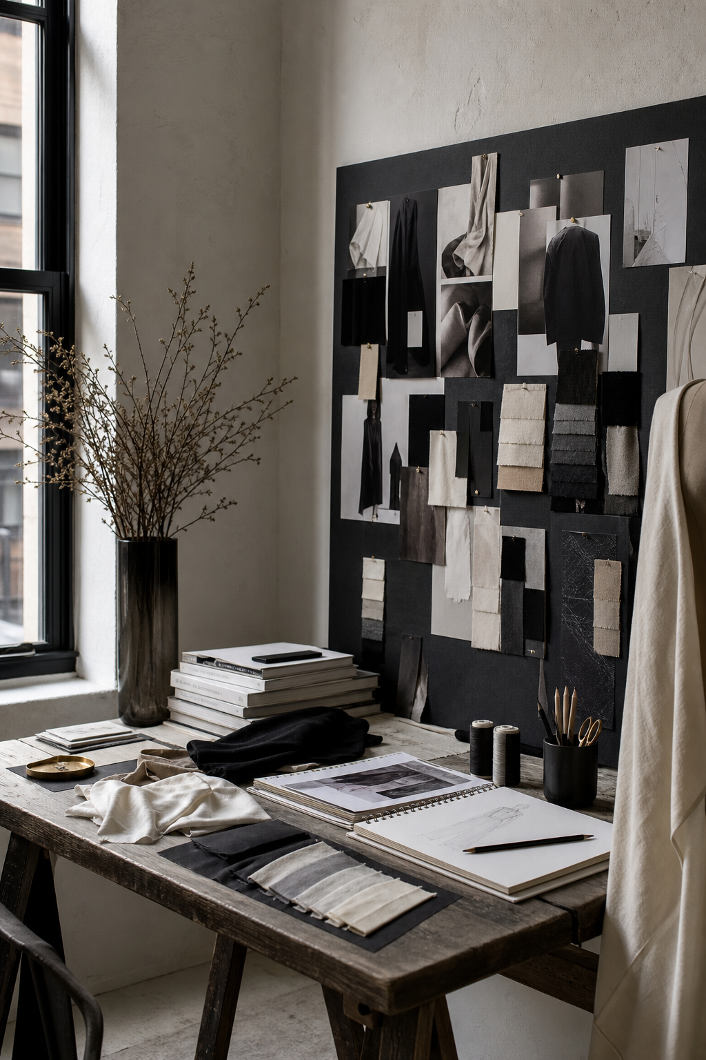 Fashion design studio desk and monochrome moodboard