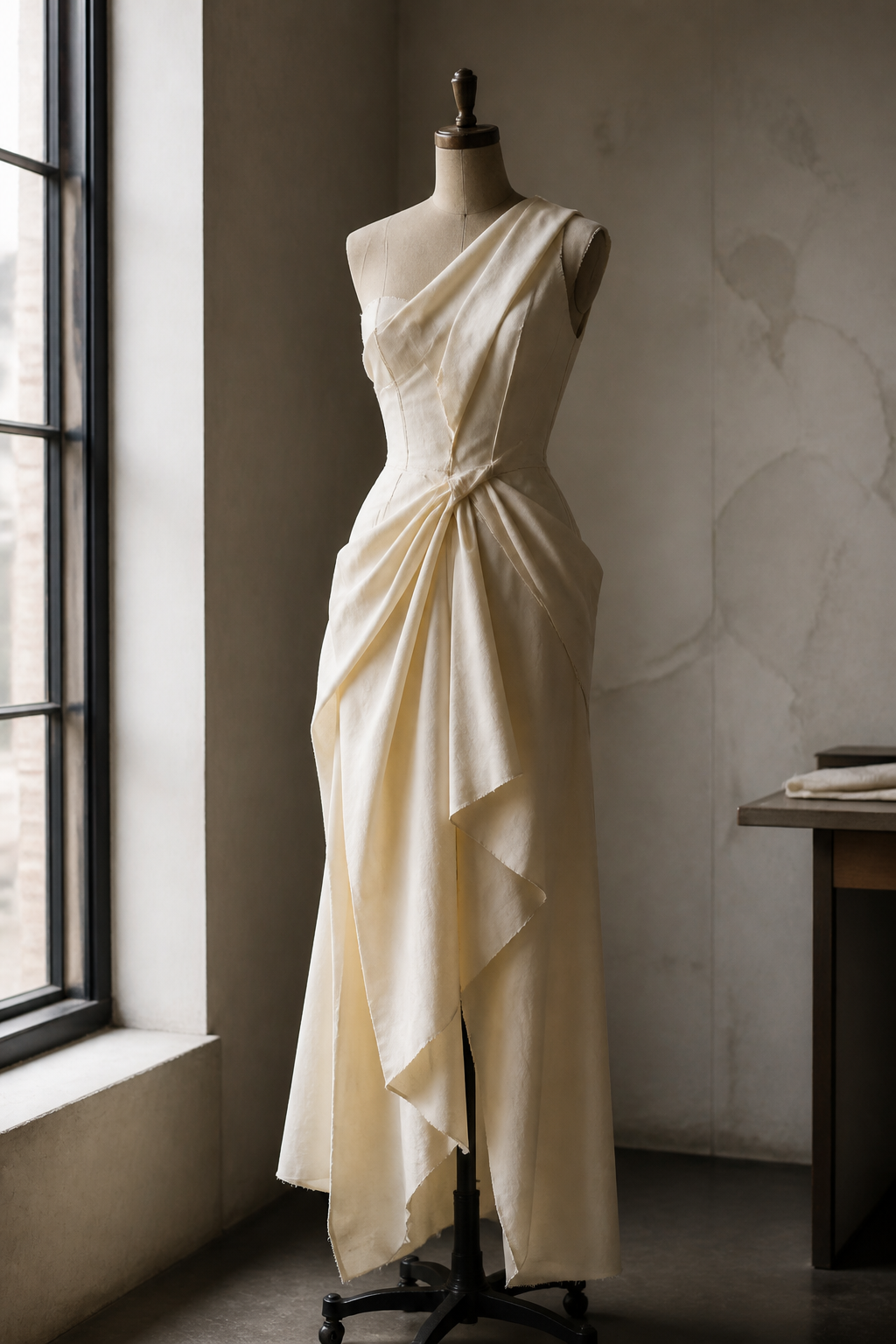 Draped ivory garment on a studio mannequin